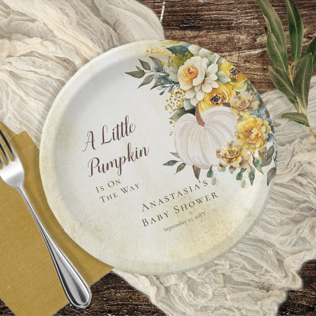 Plato De Papel Un poco de calabaza cosecha de oro Baby Shower flo (Boho chic elegant fall / autumn "A Little Pumpkin" gender neutral Baby Shower)