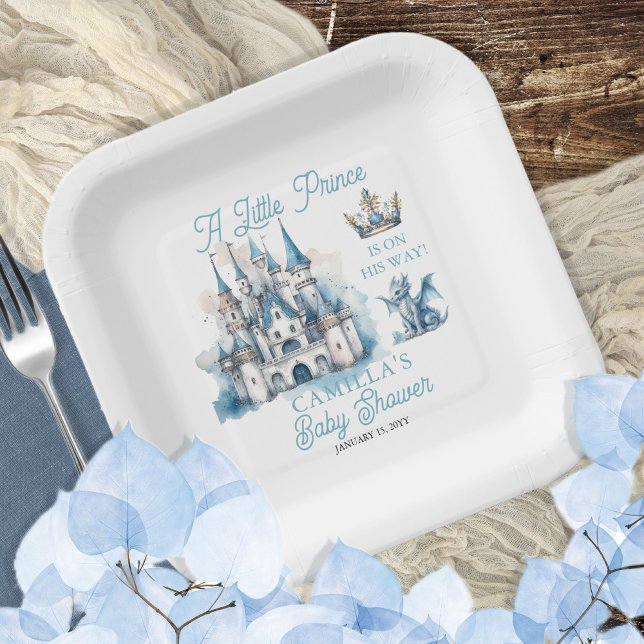Plato De Papel Un principito está de camino, chico Baby Shower ("A Little Prince Is On His Way" royal-themed fairytale Baby Shower paper plates)