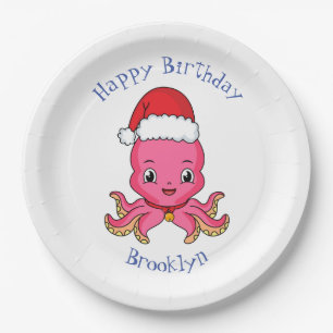 Plato De Papel Un pulpo alegre lindo usando Navidades gorra perso