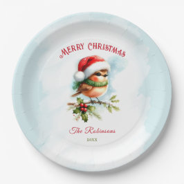 Plato De Papel Un Robin Cuerdo En Santa Hat Navidades Rojos Clási
