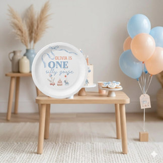 Plato De Papel Un Silly Goose cumple 1 año Azul Rosa Pastel