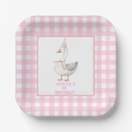 PLATO DE PAPEL UN SILLY GOOSE PINK GINGHAM PRIMER CUMPLEAÑOS