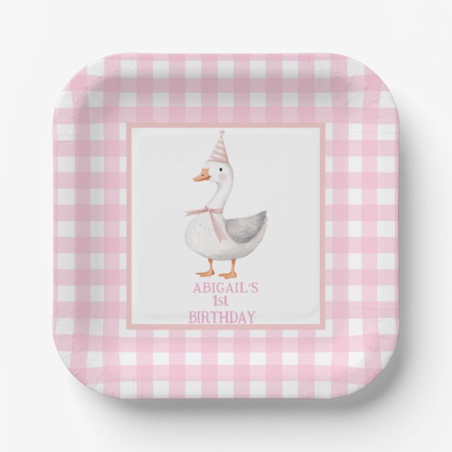 PLATO DE PAPEL UN SILLY GOOSE PINK GINGHAM PRIMER CUMPLEAÑOS (Anverso)