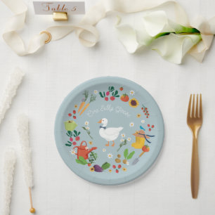 Plato De Papel Un tema del jardín de un granjero de una gallina a