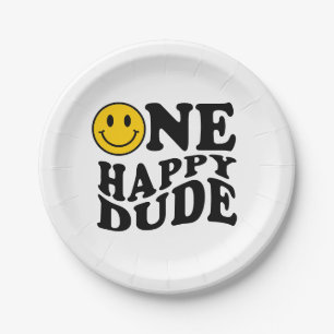 Plato De Papel Un tipo feliz   Sonrisa Retro Preppy Primer Cumple