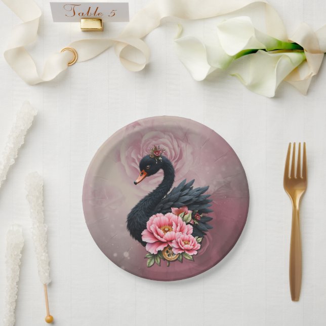 Plato De Papel Un toque de rosa y brillo de cisne. (Boda)