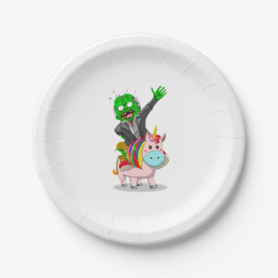 Plato De Papel Un zombi verde monta una unicornio rosa para