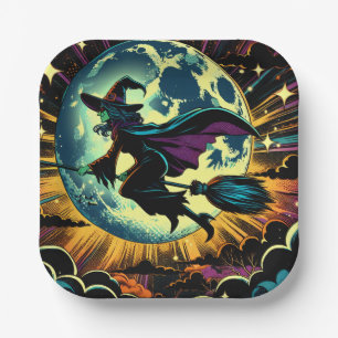 Plato De Papel Una Bruja y una fiesta de Halloween con luna llena