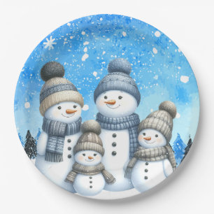Plato De Papel Una familia de muñecos de nieve en la nieve