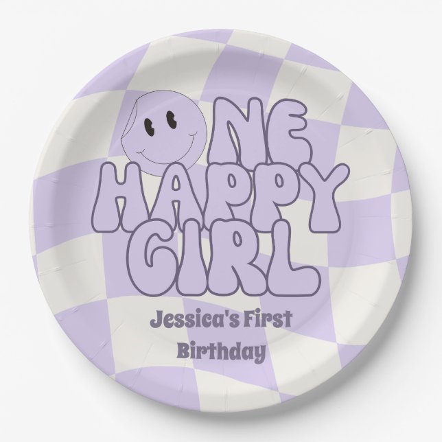 Plato De Papel Una Feliz Niña Primera Cumpleaños Rosa   (Anverso)