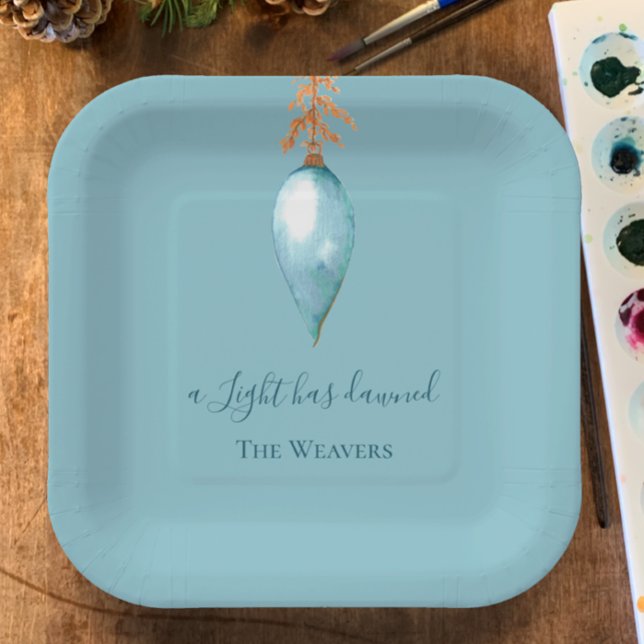 Plato De Papel Una luz ha empañado las acuarelas de los Navidades (Elegant modern hand painted blue watercolor Christmas dinner plate. Custom script family name.
)