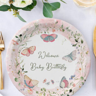 Plato De Papel Una mariposa bebé va camino a Baby Shower