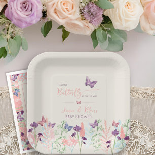 Plato De Papel Una mariposa en la ruta hacia el Baby Shower flora
