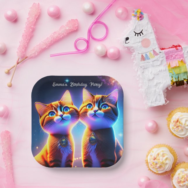 Plato De Papel Una pareja de gatos bajo el cielo estrellado - (Fiesta)