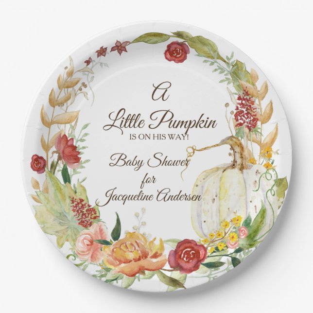 Plato De Papel Una pequeña calabaza Baby Shower otoño floral (Anverso)