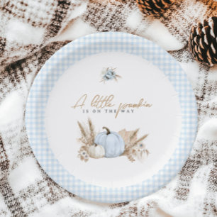 Plato De Papel Una pequeña calabaza de otoño azul gingham niño ba