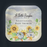Plato De Papel Una pequeña calabaza | Sunflowers Boy Baby Shower<br><div class="desc">"Una calabaza pequeña" está en camino y es muy emocionante! Este diseño de Baby Shower presenta girasoles soleados con calabazas azules y vegetación de otoño con una tierna lata de agua contra un cielo azul turbio y nublado. Diseño compuesto por Holiday Hearts Designs.</div>
