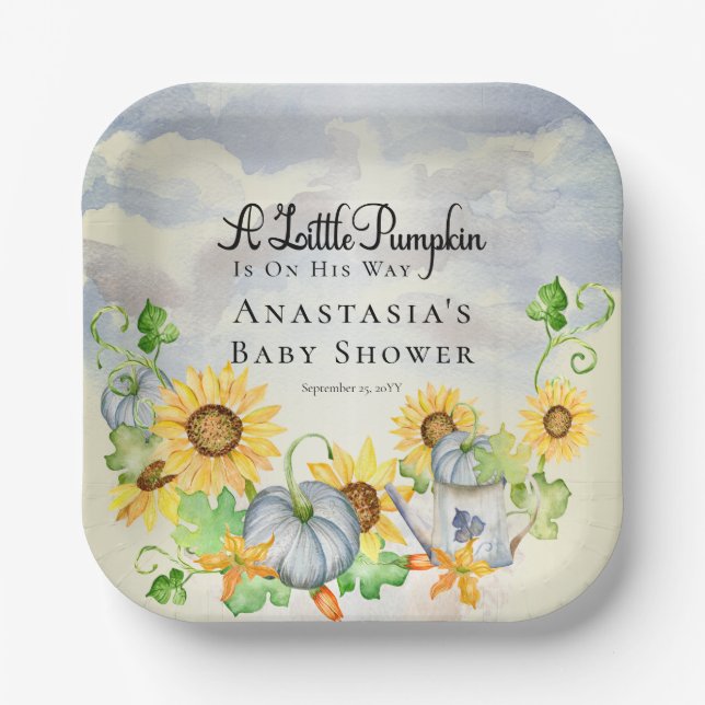 Plato De Papel Una pequeña calabaza | Sunflowers Boy Baby Shower (Anverso)