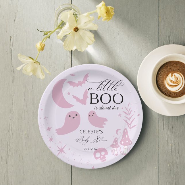 Plato De Papel Una pequeña ducha de bebé rosa pastel de Halloween (A little boo cute pastel pink Halloween baby shower customized Paper Plates personalized table decor)
