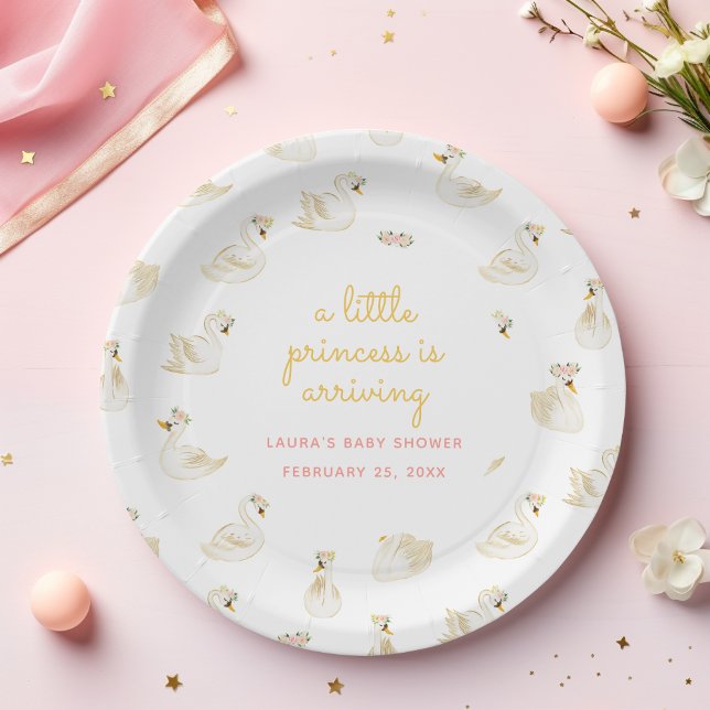 Plato De Papel Una pequeña princesa llega a la Baby Shower de los (Swan Princess baby shower paper plate with watercolor illustrations)