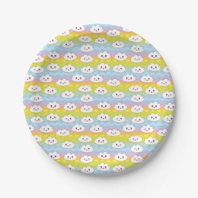 Plato De Papel Unas olas de colores suaves Emoji Nubes Kawaii (Anverso)