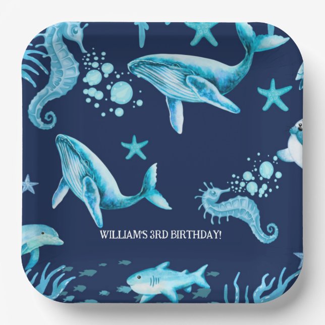 Plato De Papel Under the Sea birthday invitation, ocean boy  (Anverso)