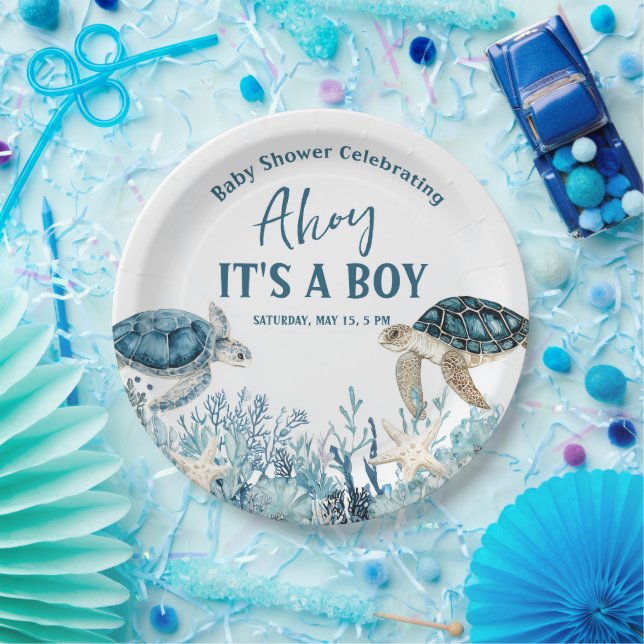 Plato De Papel Under the Sea Blue Ahoy It's a Boy Baby Shower (Fiesta)