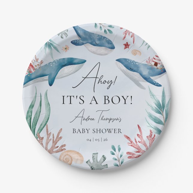 Plato De Papel Under the Sea Blue Whale Boy Baby Shower (Anverso)