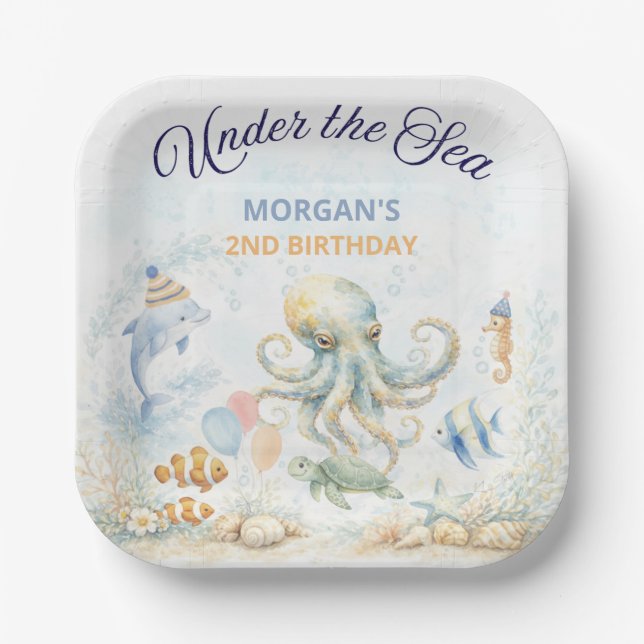 Plato De Papel Under the Sea Ocean Animals Octopus Birthday (Anverso)