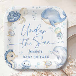 Plato De Papel Under The Sea Ocean Baby Shower Boy Dusty Blue