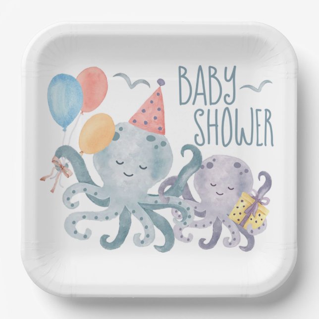 Plato De Papel Under the Sea Octopus Beach Baby Shower (Anverso)