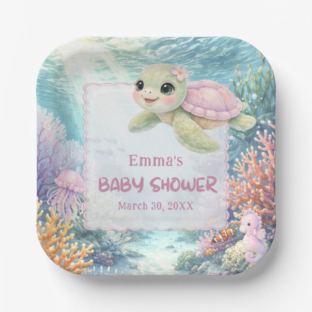 Plato De Papel Under the Sea Turtle Girl Baby Shower (Anverso)