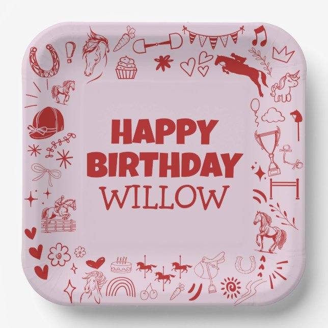 Plato De Papel Único Chica de Caballos Rosa Ecuestre Pony Cumplea (Anverso)