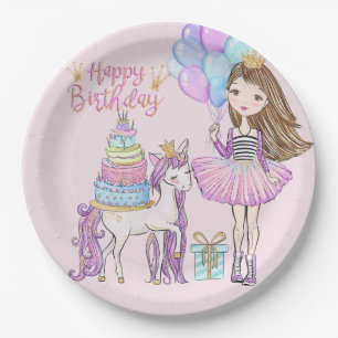 Plato De Papel Unicorn Princesa Guay Brunette Chica Cumpleaños
