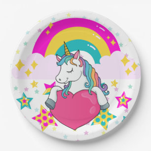 Plato De Papel Unicornio arcoiris con estrellas