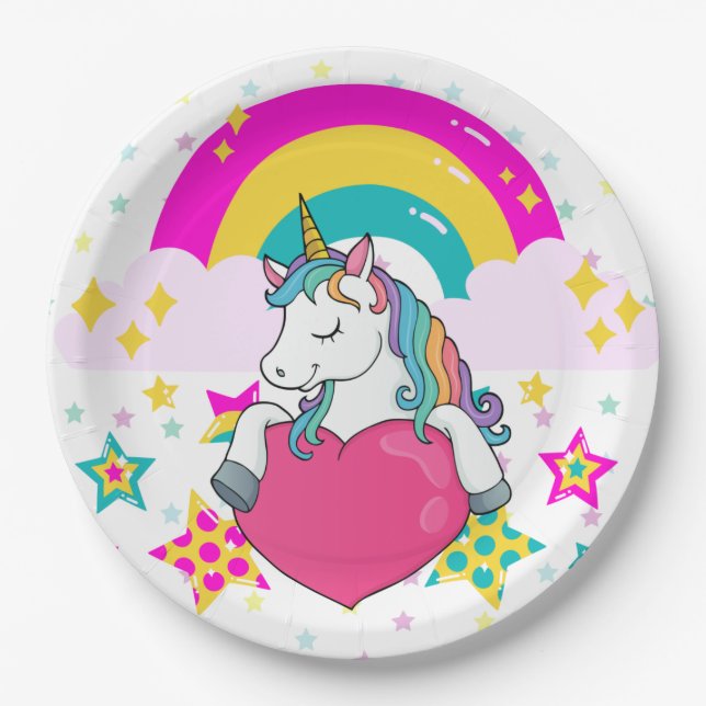 Plato De Papel Unicornio arcoiris con estrellas (Anverso)