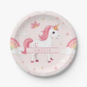 Plato De Papel Unicornio, arcoiris, flores, nombre, Fiesta