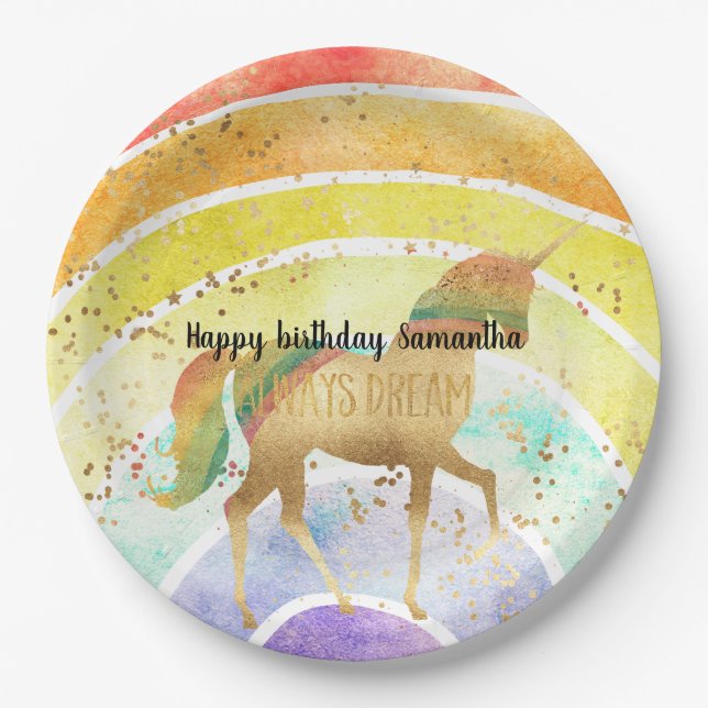 Plato De Papel Unicornio Arcoíris siempre sueña con confeti dorad (Anverso)