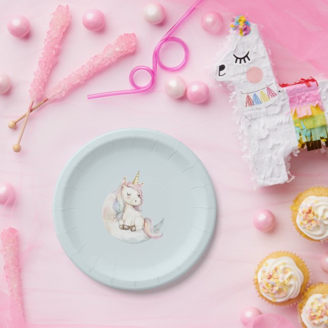 Plato De Papel Unicornio Azul en Cumpleaños de Nube (Fiesta)