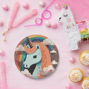 Plato De Papel Unicornio bajo arcoiris y entre corazones