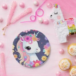 Plato De Papel Unicornio blanco adorable con flores