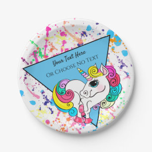 Plato De Papel unicornio blanco azul del rosa retro del triángul