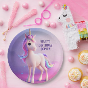 Plato De Papel Unicornio blanco lindo con forma rosa y azul