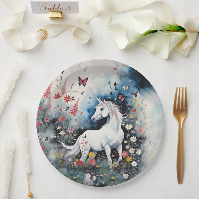 Plato De Papel Unicornio Blanco Magnético Y Flores Silvestres (Boda)