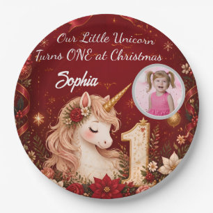 Plato De Papel Unicornio Carmesí Floral Cumpleaños Navidad 1er