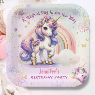 Plato De Papel Unicornio Chica de cumpleaños Purple Gold Rainbow