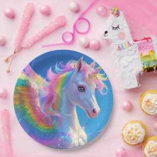 Plato De Papel Unicornio con aleta de arcoiris