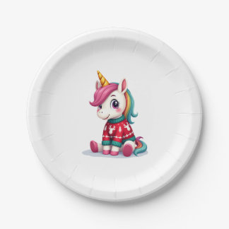 Plato De Papel Unicornio con suéter de Navidad Chicas Unicornio C