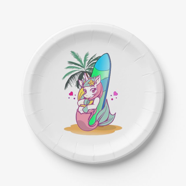 Plato De Papel Unicornio con tablas de surf en la playa (Anverso)