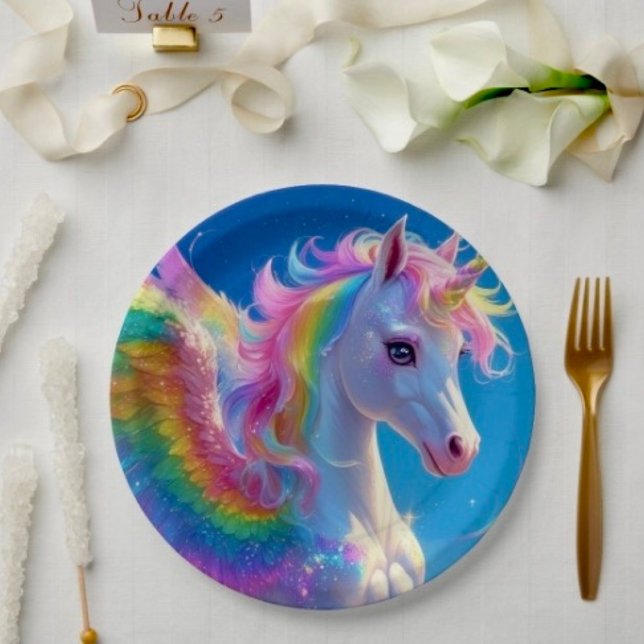 Plato De Papel Unicornio danzante con alas de arcoíris  (Paper Plates Durable paper stock FDA compliant food safety. 
)